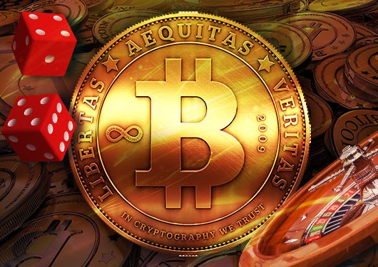 bitcoin symbol with dice roulette wheel